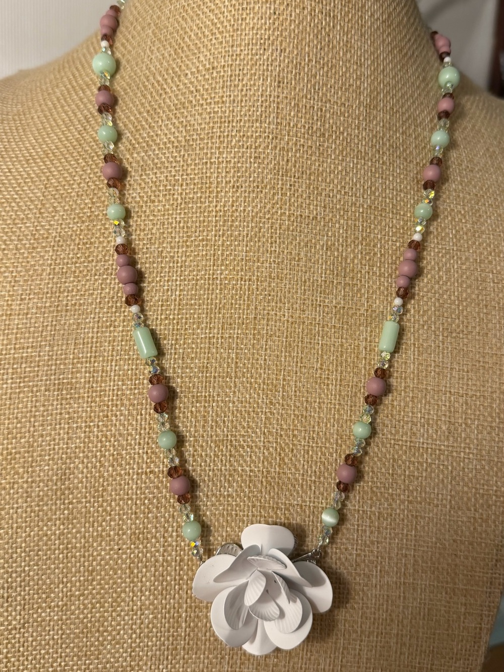 Artisan Made Vintage Czech Glass and Glass Necklace with Metal Flower Pendant